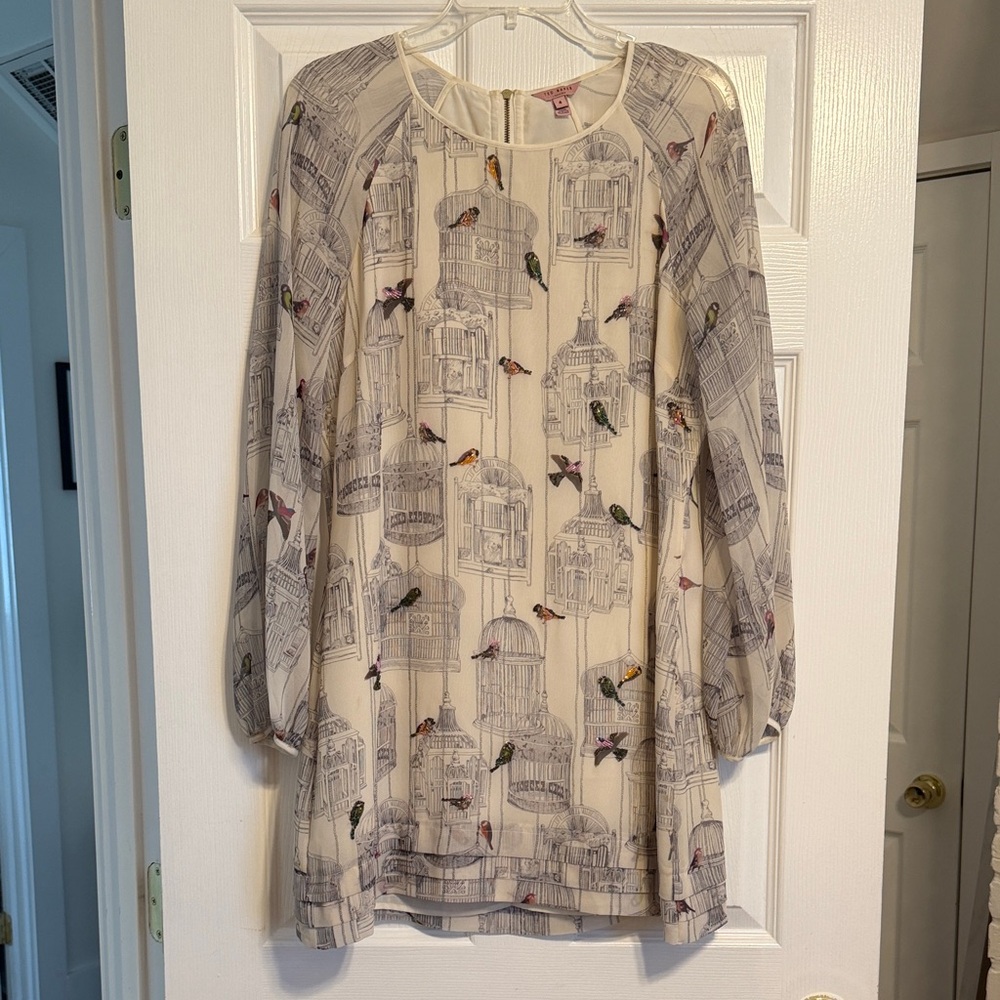 Ted Baker London Cream Long Sleeve Dress with Birdcage Print